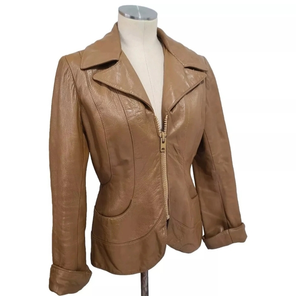 Vintage Tan Leather Jacket blazer M - Picture 2 of 7
